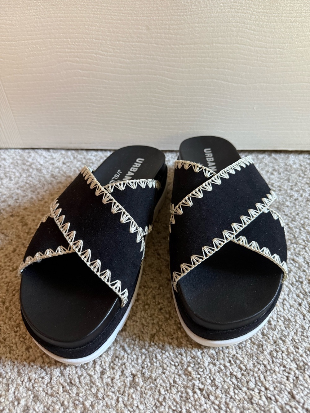Urban Sport by J/SLIDES Black Crisscross Platform Mules with White Stitching